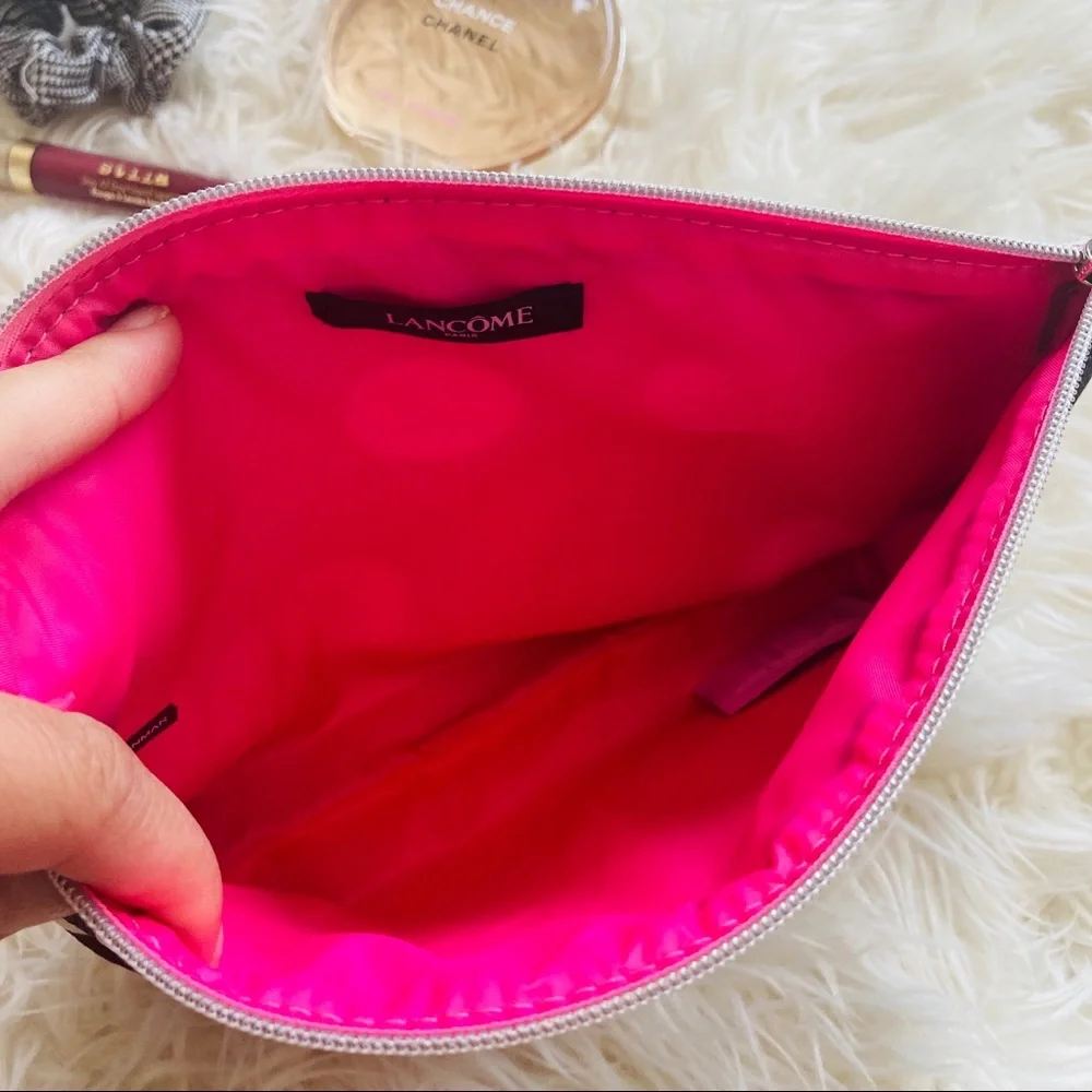Lancôme Black White Polka Dot Makeup Bag Pink Lining Zip Cosmetic Pouch